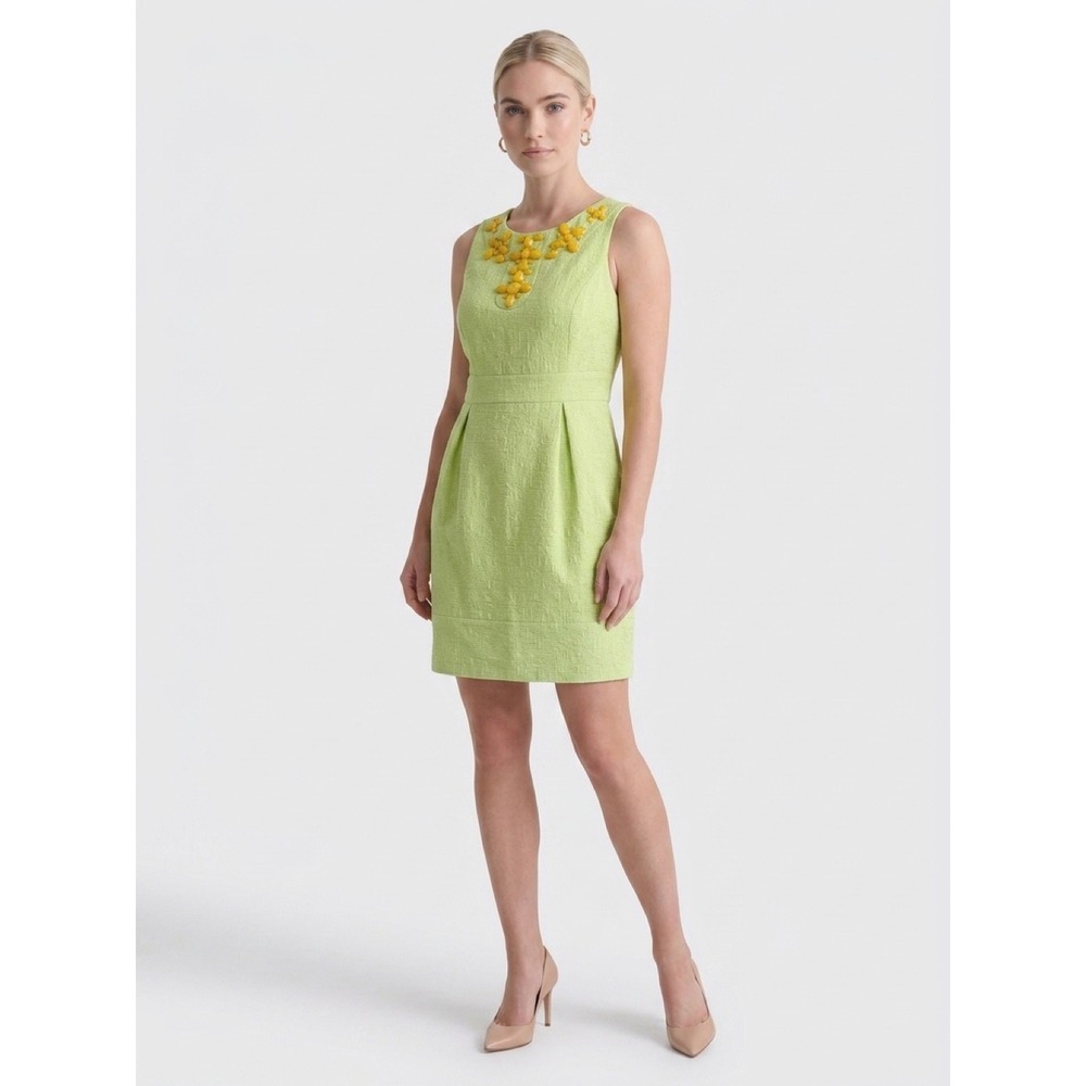 Lime Green Jeweled Jacquard Dress 10P 60s Miami Mobwife